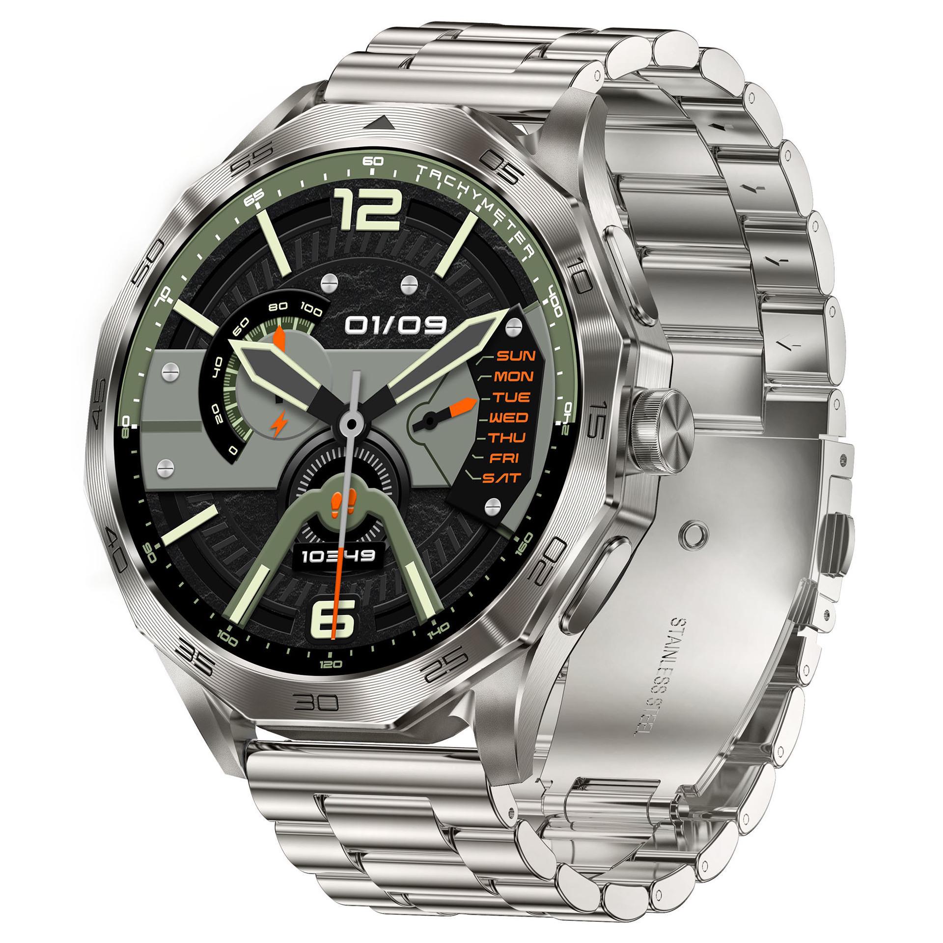 

Розумний годинник DA03: Дзвінки по Bluetooth, голосовий помічник, дисплей 1,85 дюйма, водонепроникний, монітор артеріального тиску та пульсу для чоловіків Silver Steel срібний