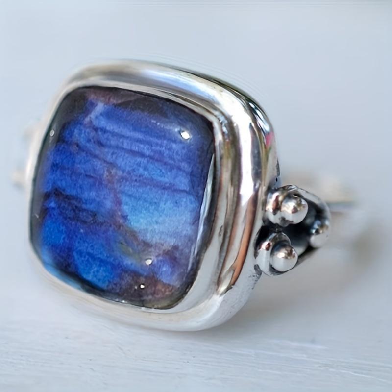 Vintage Exquisite Square Blue Stone Ring, Women's High-end Jewelry, Party Gifts and Accessories