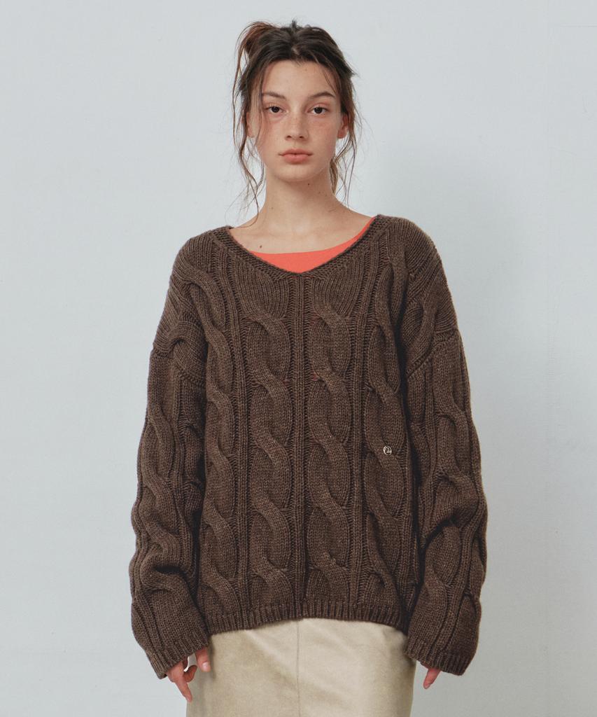 CITTA Wool Blend Cable V-Neck Knit_Ctk281(Brown)