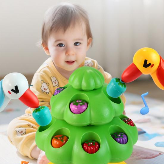 Magnetic Woodpecker Fruit Pick Toy 360 Degrees Rotating Fruit Tree with Music LED Light Educational Toddlers Boys Girls Fine Motor Skills Bird Fishing