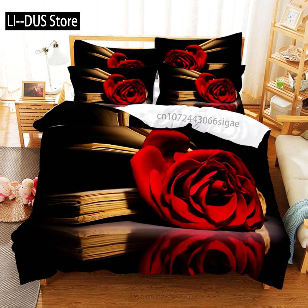 Red Rose Duvet Cover Comforter Pillow Case King Queen Size Flower Theme Valentine's Day Present For Women Room Decorations Gifts