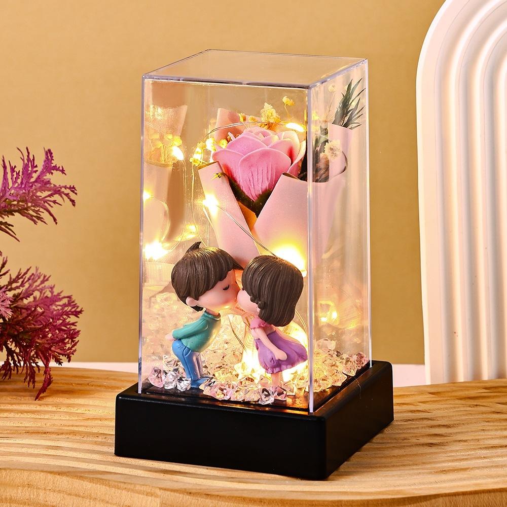 Valentine's Day Gift Immortal Rose Couple Doll Square Flower Cover Night Light Creative Ornament