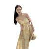 Gelbes florales Cutout-Taillen-Spaghettiträger-langes Strand-Schwingkleid