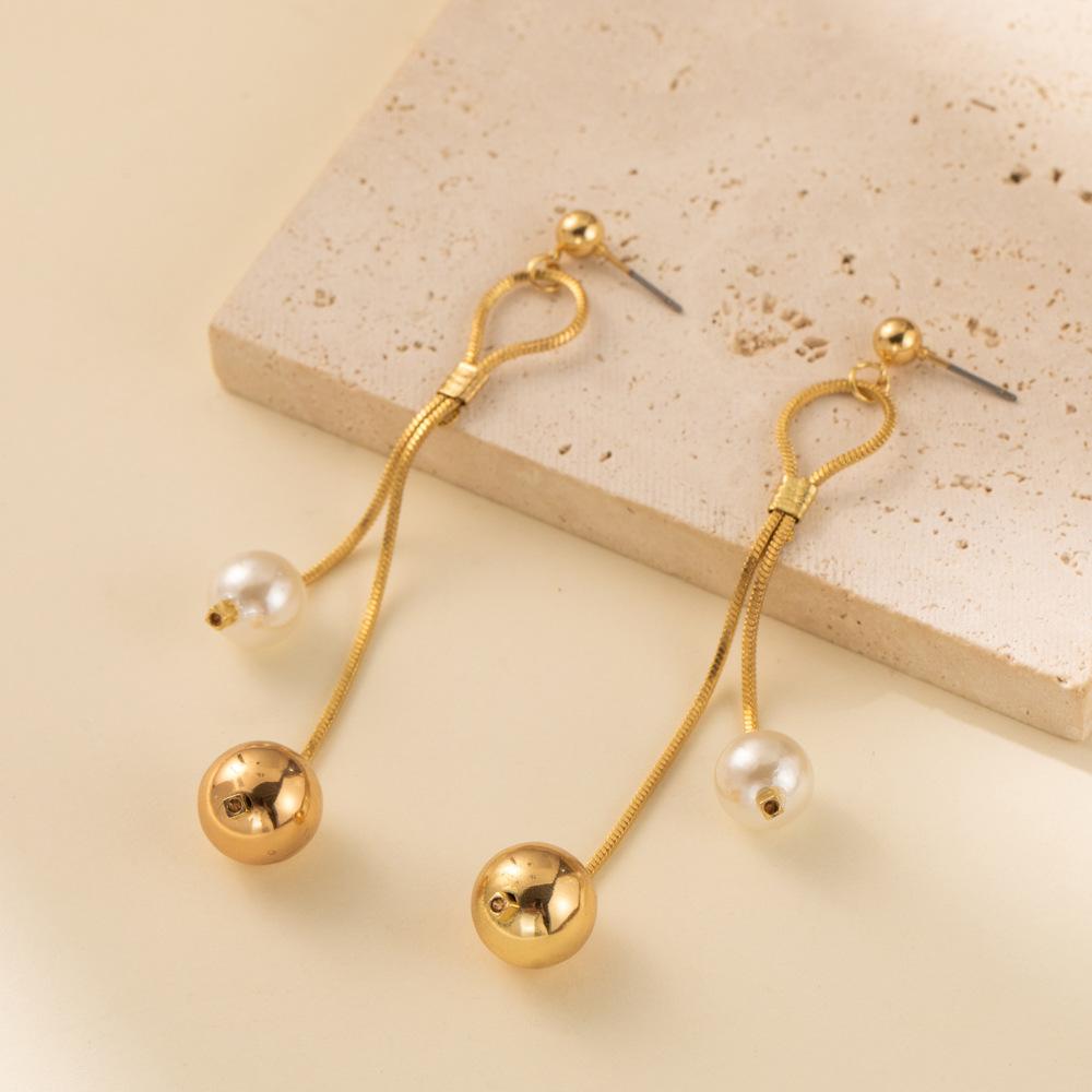 Gold Color Tassels Earring Creative Imitation Pearl Splicing Copper Long Chain Earrings Women Girls Vintage Minimalist Jewelry