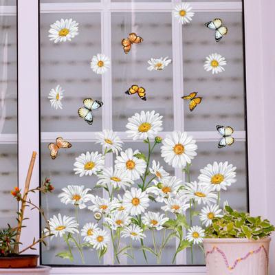 Spring Summer Flowers Window Clings Butterfly Wildflowers Window Decal Double-Side Floral Static Glass Stickers for Home Office School Classroom Party