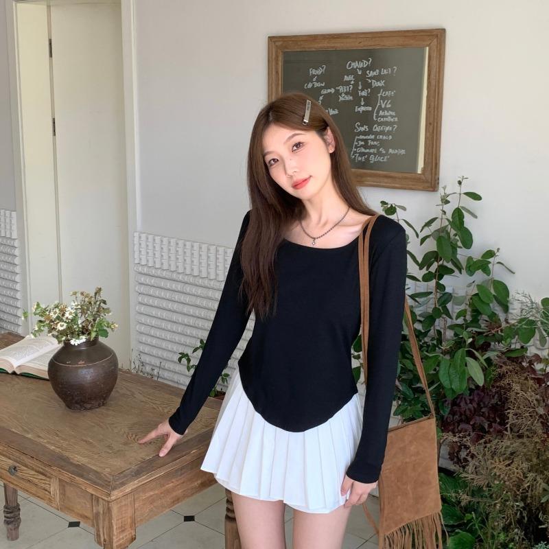Long Sleeved T-shirt Women Autumn New Right Shoulder Cover Belly Fashion Casual Slim Hot Girl Top