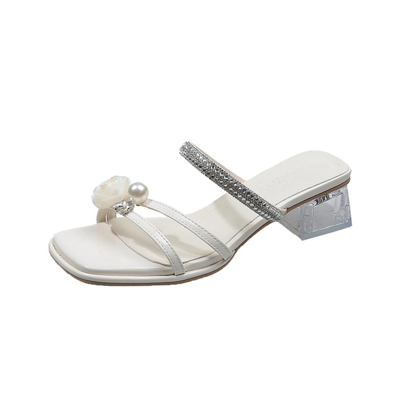 Fashion 2025 Women's Outdoor Wear Crystal Chunky Heel Slippers Knot Diamond High Heel Sandals New Summer Fashion Beautiful