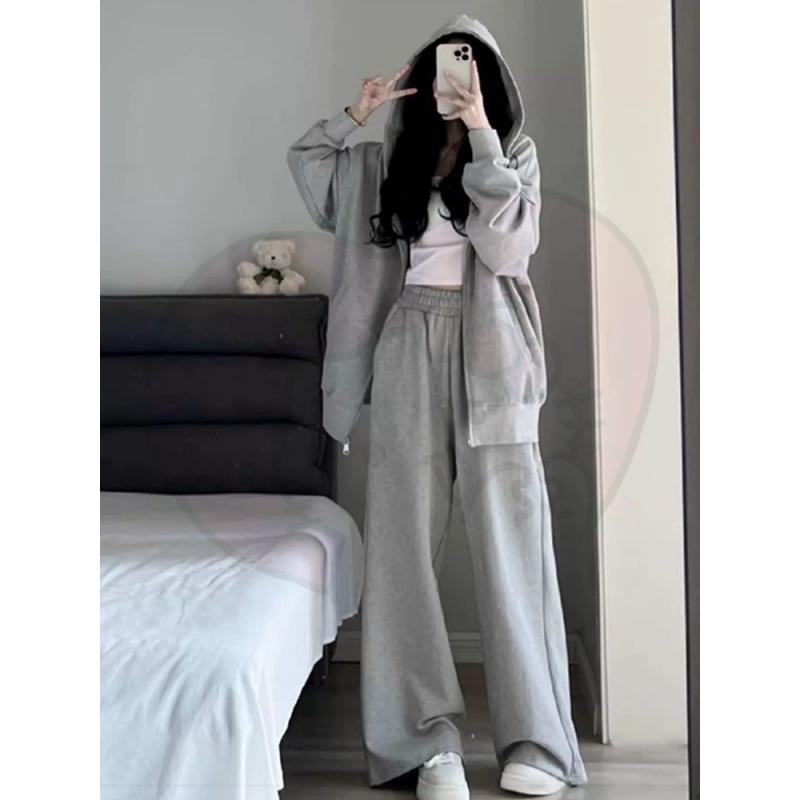 Dámská šedá mikina s kapucí a široké kalhoty - Ležérní podzimní/zimní dvoudílný set s kardiganovou bundou - Trend