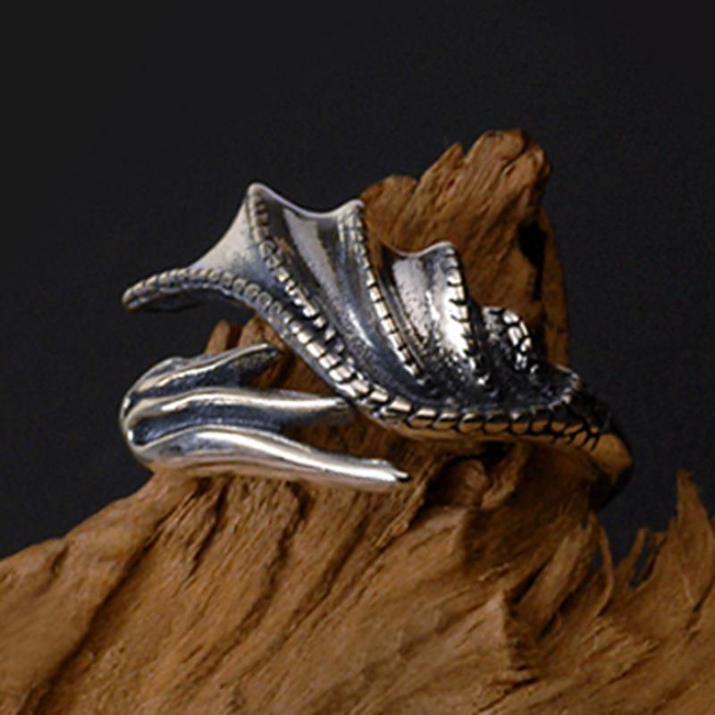 New Taigu Men's Trendy Silver Jewelry Dragon Wings Adjustable Retro Women's Ring Ins Niche Design