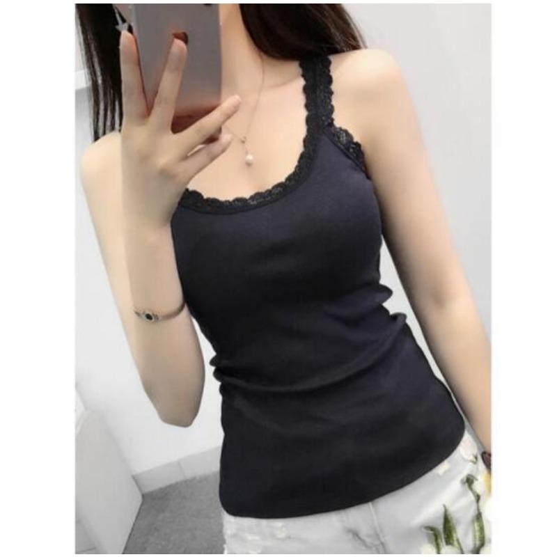 Women's Lace Trim Ribbed Camisole Slim Fit Sleeveless Tank Top