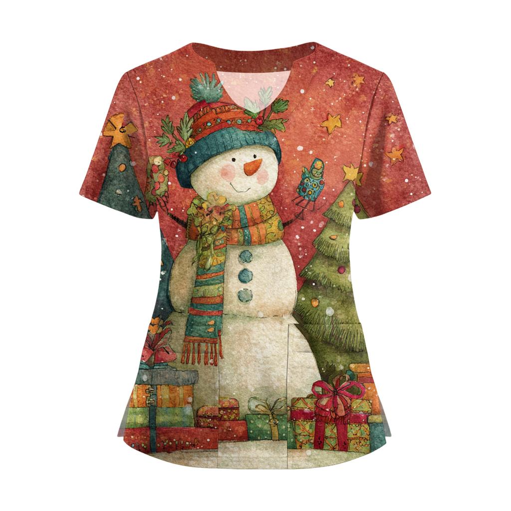Women's Short Sleeved Christmas Printed V-neck Buttonable Side Slit Top T-shirt