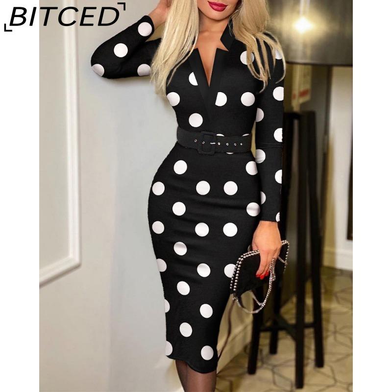 

BITCED Женская мода весенне-осенние повседневные платья с длинным рукавом и v-образным вырезом с высокой талией S