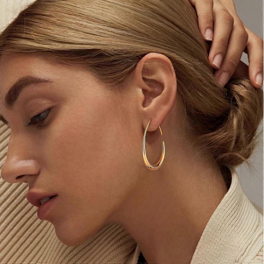 Teardrop Hoop Earrings for Women, 14K Gold Plated Oval Pull Through Hoop Earrings for Women, Gold Drop Hoop Earrings for Women