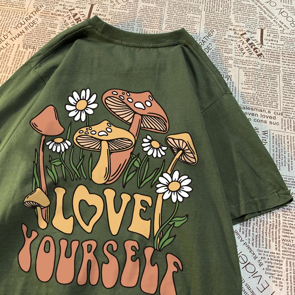 Cottagecore Style Mushroom Love Yourself Mens Tshirt Oversized T-Shirts Oversized Cotton T Shirts Breathable Women Short Sleeve