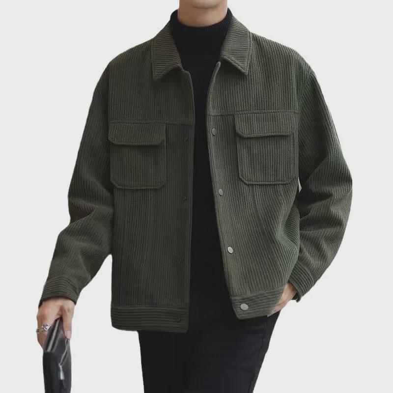 Men's Korean Style Retro Corduroy Lapel Jacket - Autumn/Winter Velvet-Enhanced Trendy Coat