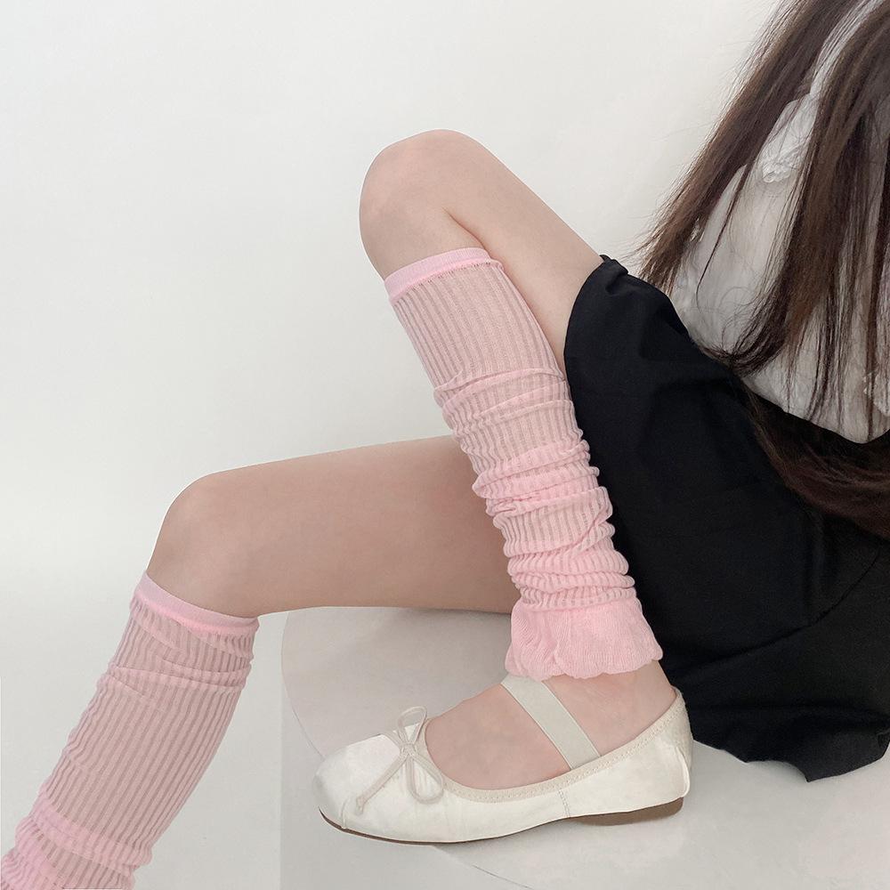Korean Style Vertical Stripe Arm & Leg Warmers Set - Sun Protection & AC Friendly Solid Color Mid-Calf Socks