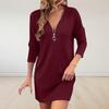 Women's Color Knitted V-Neck Long Sleeve Zipper Dress for Casual Wear
