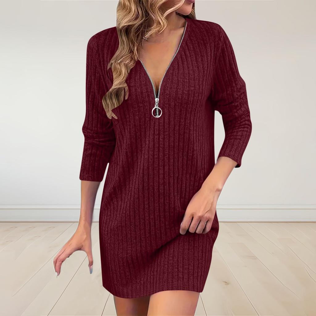Women's Color Knitted V-Neck Long Sleeve Zipper Dress for Casual Wear