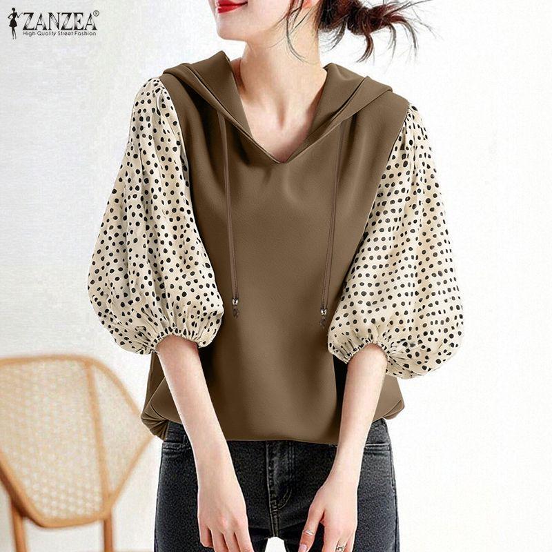 ZANZEA Femei Casual Imprimeu Buline Splice Mânecă 3/4 Hanorac Lejer Bluză