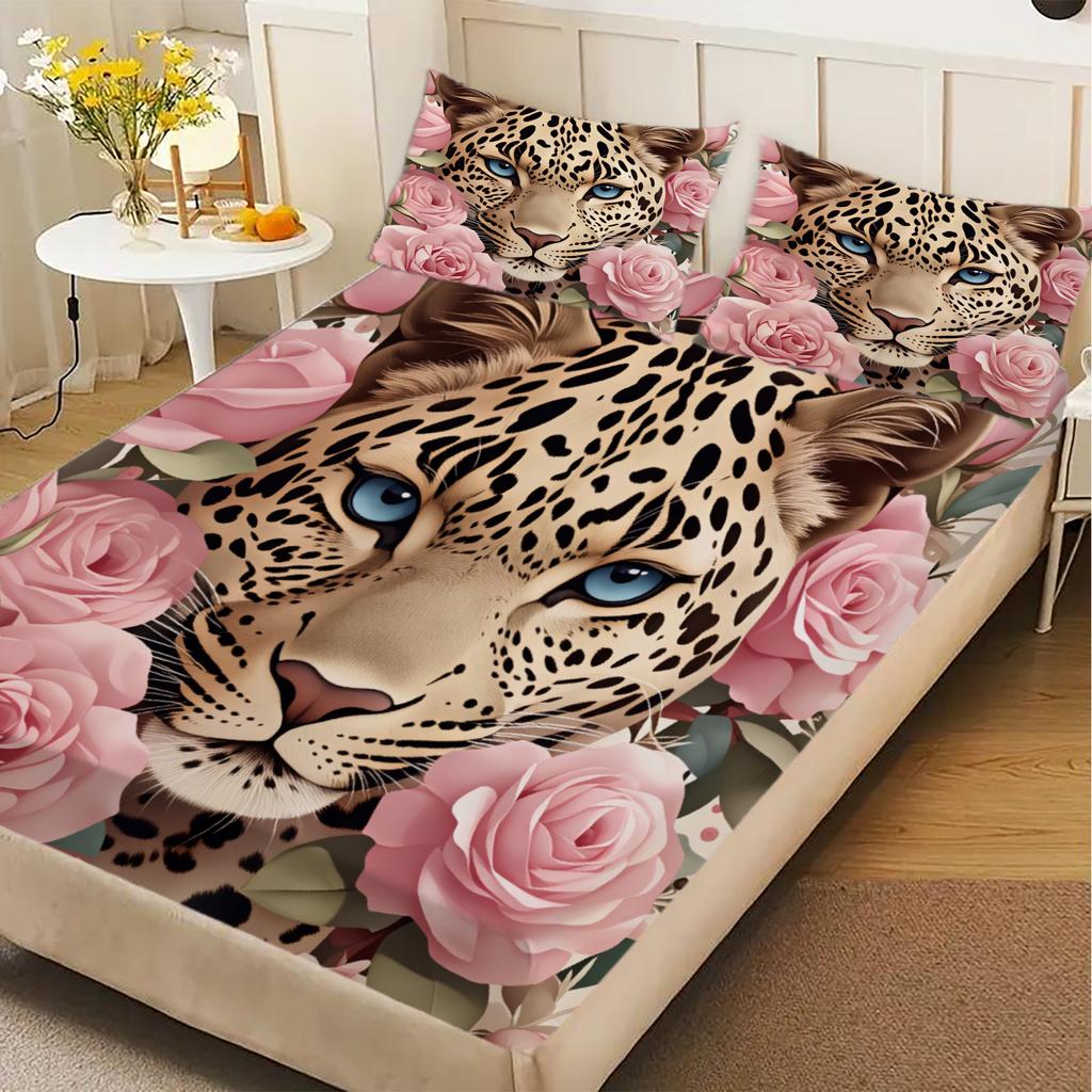 3pcs Flat Sheet With 2 Pillowcases 3D Leopard Print Floral Breathable Fitted Sheet Sets 100% Polyester Home Decoration