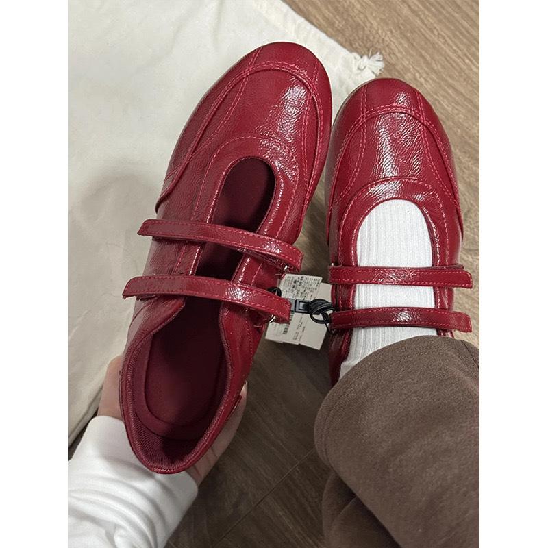 Cowhide Version~ Retro Red French Mary Jane Shoes Women's Velcro Ballet Single Shoes Flat Casual Training Shoes