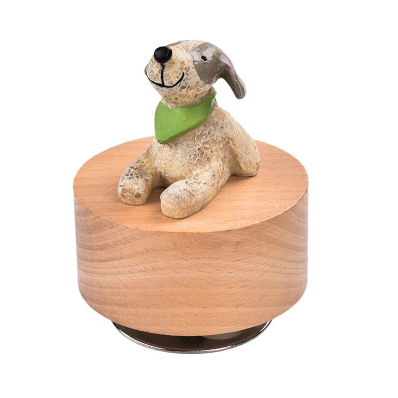 Drewniana pozytywka z obracającą się figurką małego zwierzątka, mechaniczna ozdoba muzyczna do dekoracji domu i wyjątkowy prezent