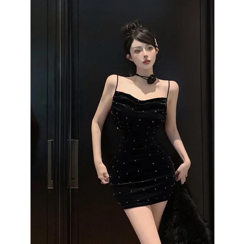 Women's Velvet Spaghetti Strap Mini Draped Neck Rhinestone Embellished Party Clubwear Short Dress