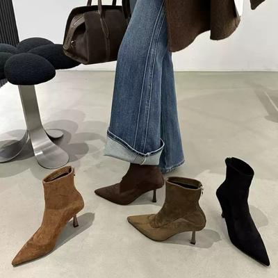 Retro Neue Wildleder Reißverschluss Stiefeletten Spitze Mode Französisches Temperament Spitze Zehen Stretch Stiefel