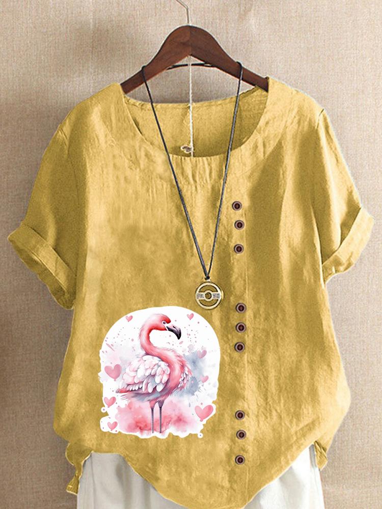 Women's Fashion Love Flame Bird Print Shot Sleeve T-shirt Loose Cotton Shirt Casual Loose Summer Blouse Tops Plus Size