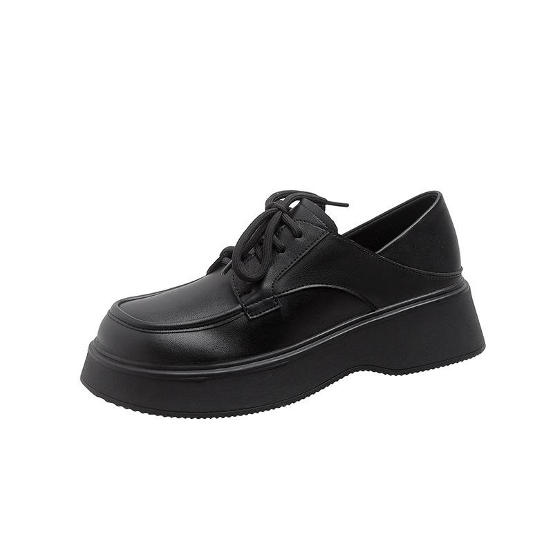 

Черные туфли на платформе из маленькой кожи, новая коллекция осени 2025, лоферы в стиле маффин на шнуровке для колледжа, универсальные одинарные туфли 34