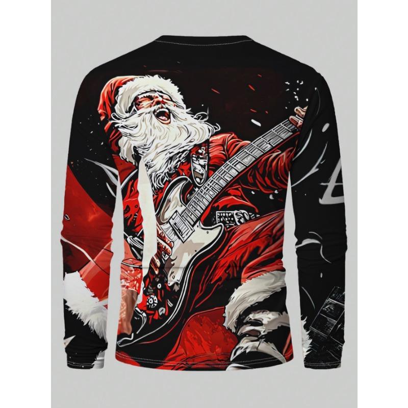 Men's Long-sleeved T-shirt Christmas Rock Style Santa Claus Electric Guitar Printed Casual Top