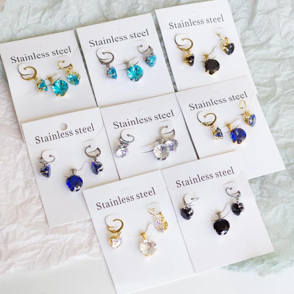 Square Multiple Color Crystal Pendant Necklace Earrings Set Stainless Steel Zircon Set 2Pcs For Women Party Gifts Free Shipping