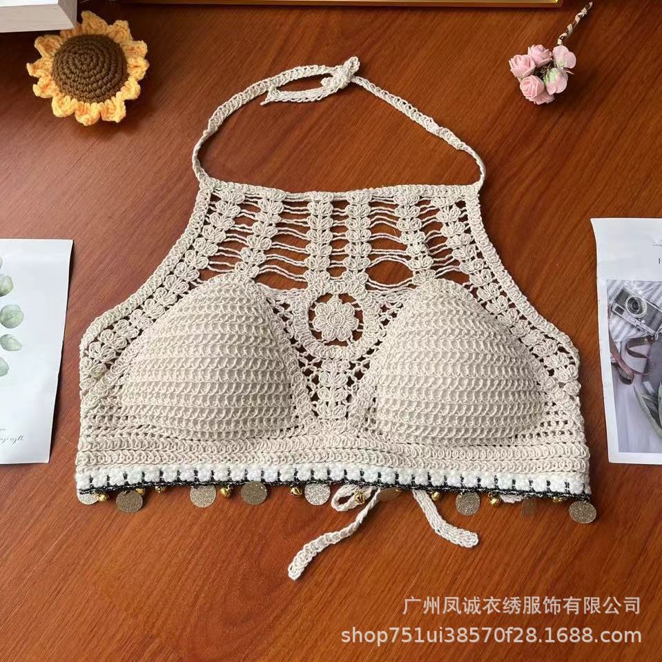 Be careful with the machine versatile vacation women's summer new suspender hollow crochet embroidery short vest women