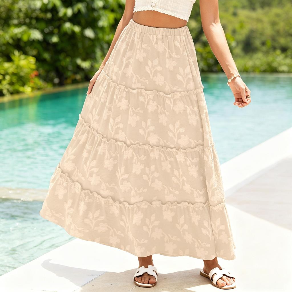 Women Bohemian Style High Waist Tiered A Line Skirt Elastic Waistband Floral Print Casual Midi Skirt for Daily Wear