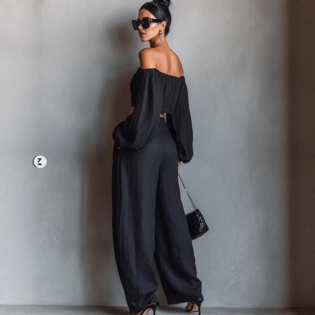 Spring Womens Off Shoulder Crop Top And Wide Leg Pants Set With Spliced Design For Casual Wear