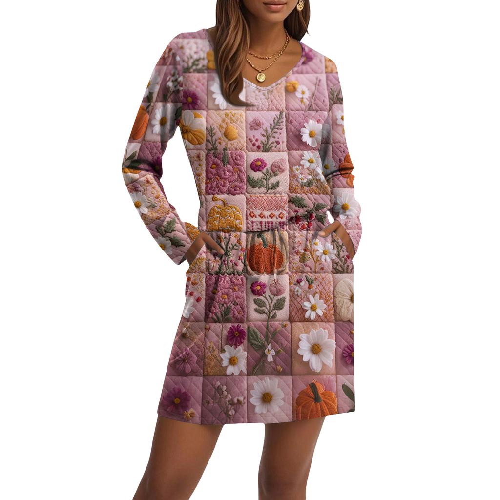 Women's Fashionable V-neck Long Sleeved Drawstring With Pocket Halloween Printed Casual Dress