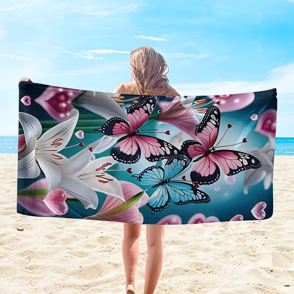 Pink Blue Butterfly Lily Print Quick Dry Microfiber Beach Towel Insect Absorbent Oversized Towel for Summer Swim and Pool Use