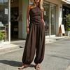 Women Tank Top Pants Two Piece Set Summer One-shoulder Sleeveless Shirt Trousers Solid Color Breathable Loose Casual Top Pants Suit