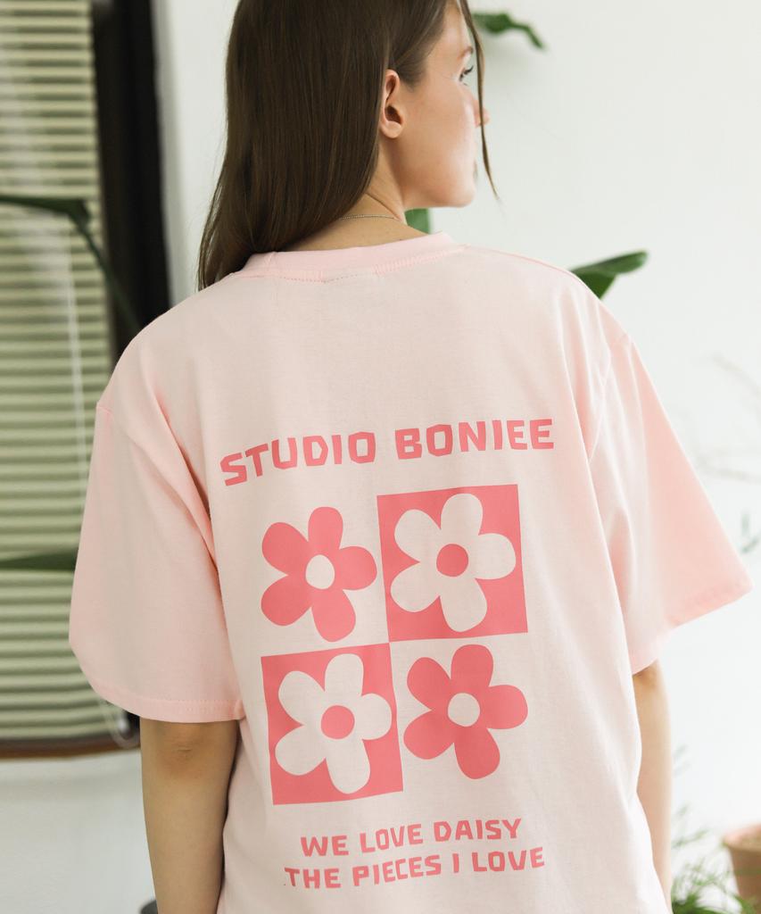 BONIEE Puzzle Daisy Flower Back Print Loose T-Shirt Pink