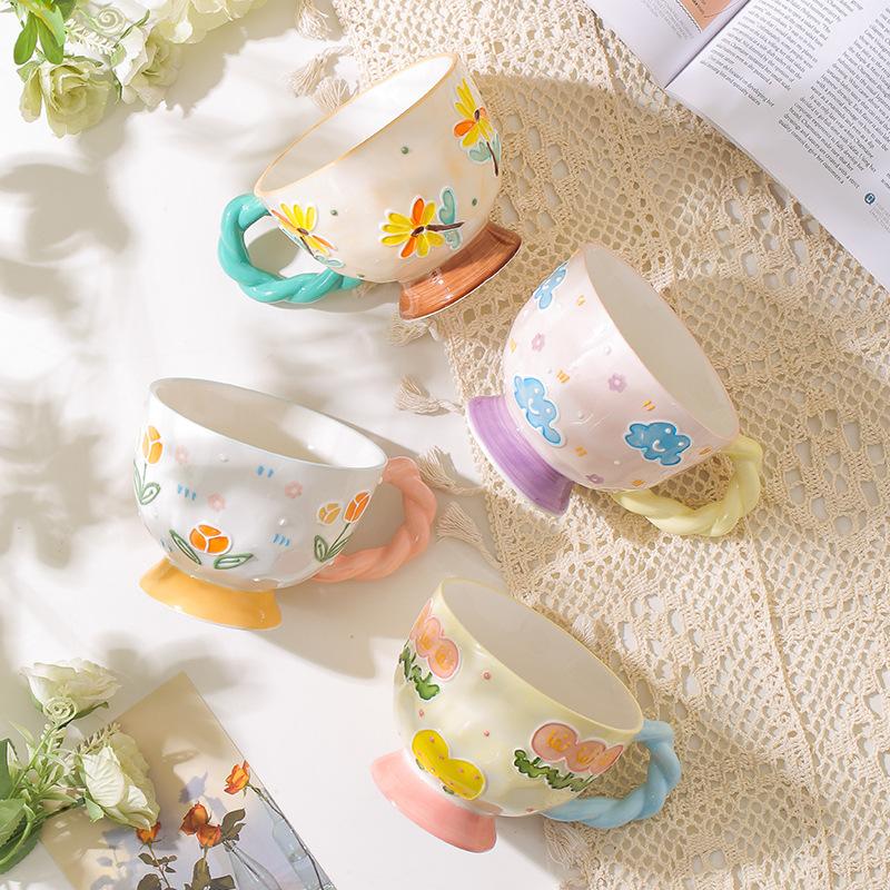 Ceramic Cup Cute Household Water Cup Coffee Cup Mug Mug Large Capacity Breakfast Cup Floral Design Ceramic Cup