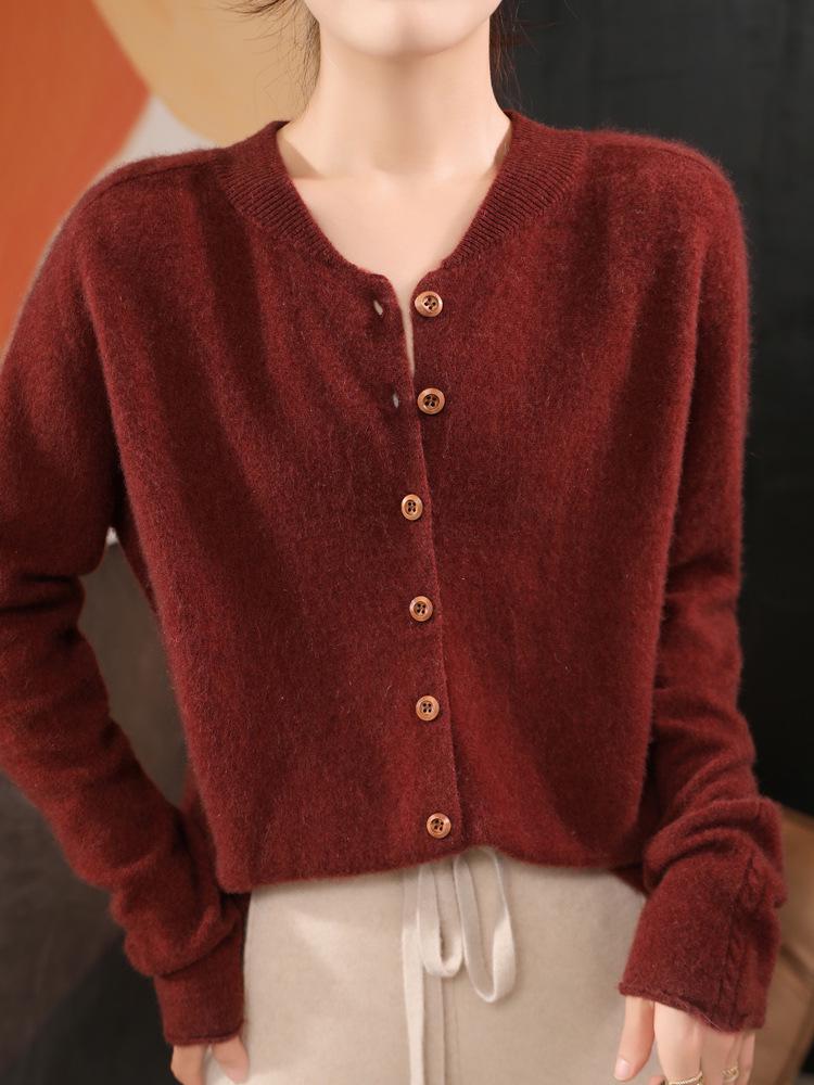 Autumn/Winter New Pure Wool Round Neck Long Sleeve Women's Cardigan Sweater Coat