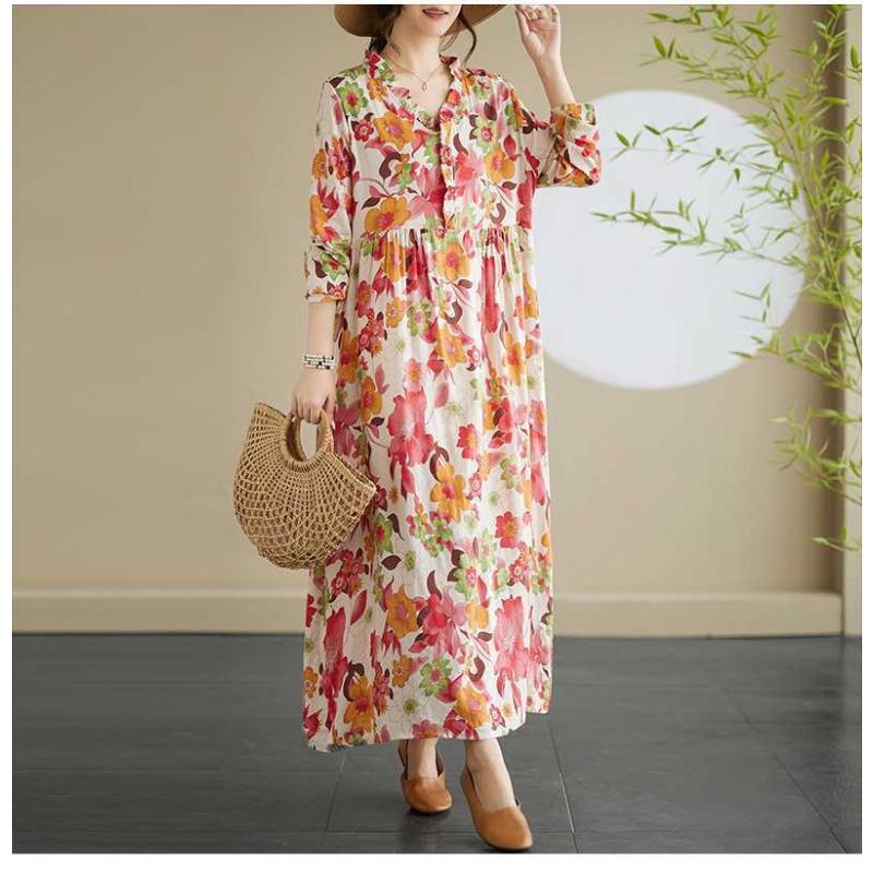 New Printed Loose Lace Long Sleeve Swing Long Dress
