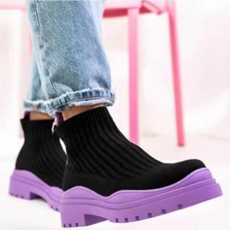 Autumn New Large Thick Sole Knitted Short Boots Women's Round Head Mid Heel Short Sleeve Women's Boots