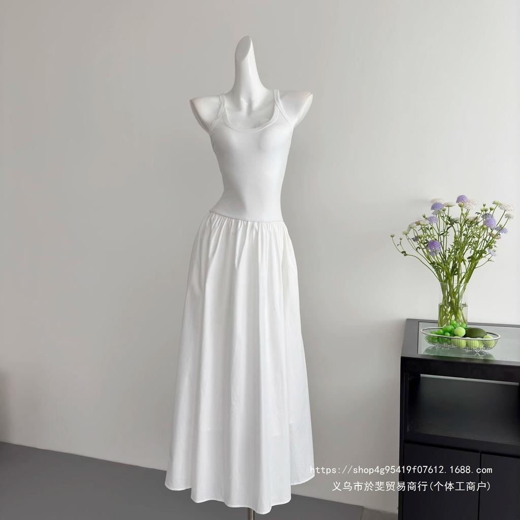 Summer New High-end Slim-fitting White Sleeveless Collar Suspender Dress Large Skirt Floor-mopping Long Dress