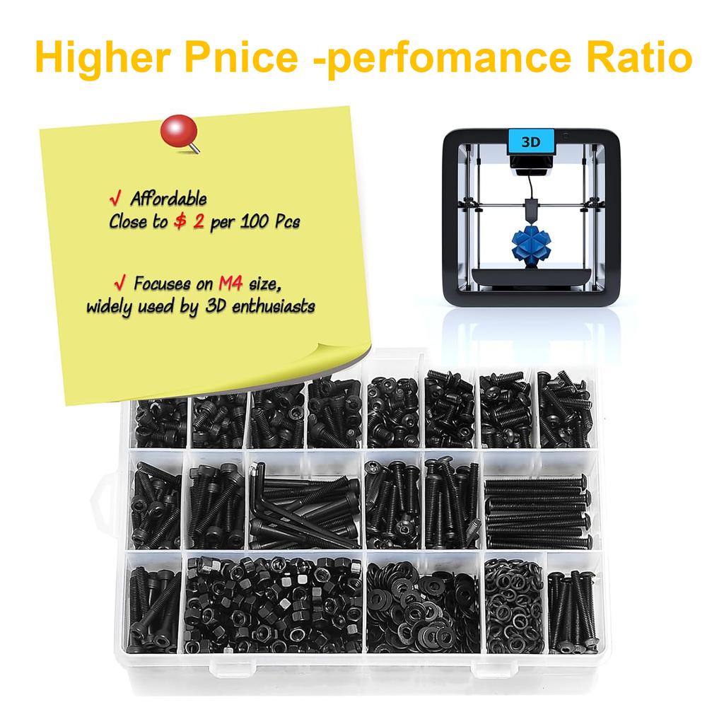 1400 czarnych śrub sześciokątnych z łbem podkładkowym i łbem połówkowym, zestaw kombinowany śruba + podkładka + nakrętka.