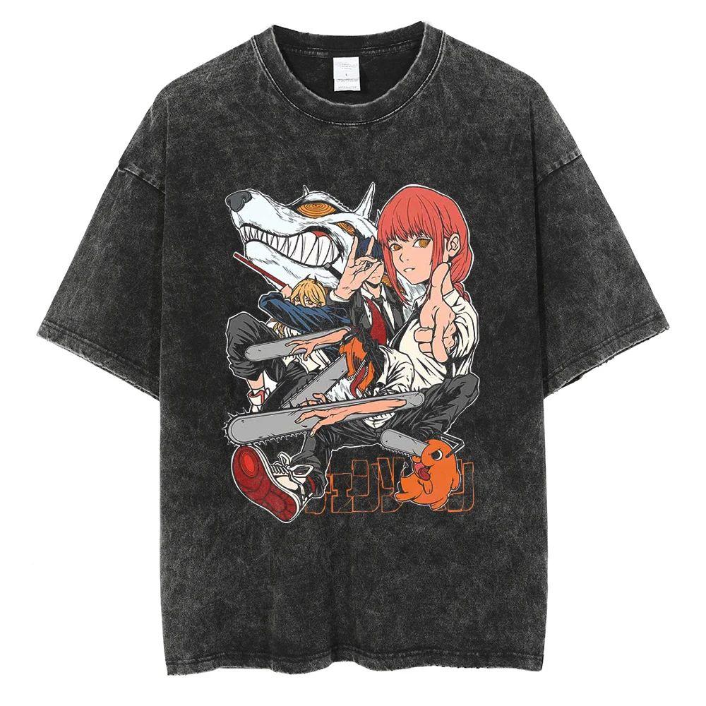 Nouveau T-shirt de haute qualité Chainsaw Man Anime pour hommes et femmes en coton avec impression lavée vintage Streetwear Rétro Hauts de Sport Fitness