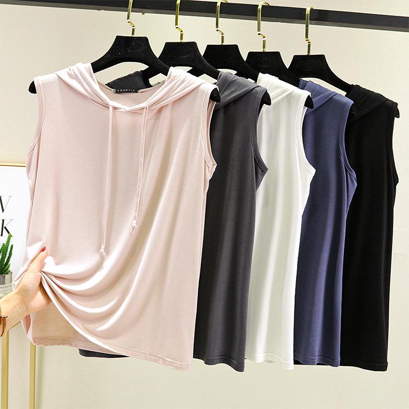 Spring Summer Women's Sleeveless Modal Vest Hooded Sweatshirt - Plus Size Slimming Loose Fit