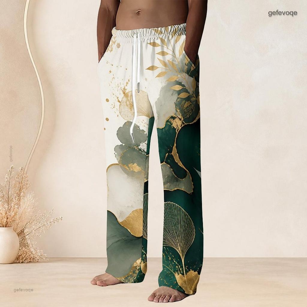 Men S Plus Size Drawstring Waist Blue Gold Marble Printed Straight Leg Full Length Beach Pants With Pockets