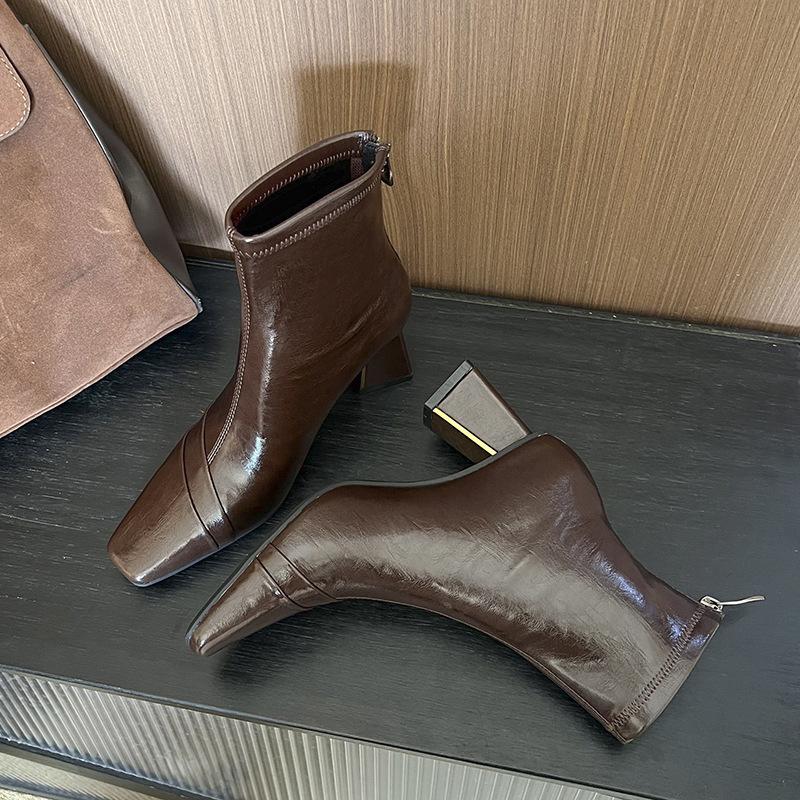 

Retro design oblique trip temperament square head high heel short boots women s autumn and winter thick heel thin boots short tube 39