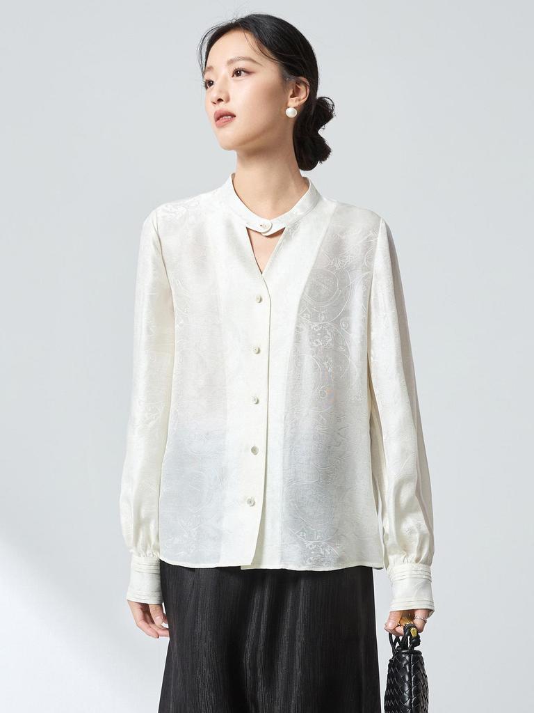 2026 Spring Mulberry Silk Satin Stand Collar Jacquard Shirt - Elegant Ink Wash Style